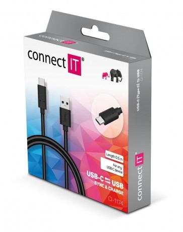 Kábel Connect IT USB Typ C na USB, 3A, 0,5m, čierna POŠKODENÝ OBA
