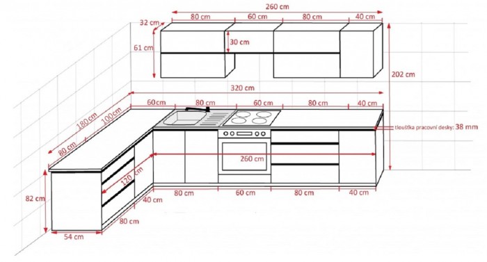 Rohová kuchyňa Line ľavý roh 320x180 cm - II. akosť