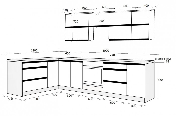 Rohová kuchyňa Brick ľavý roh 300x182 cm - II. akosť